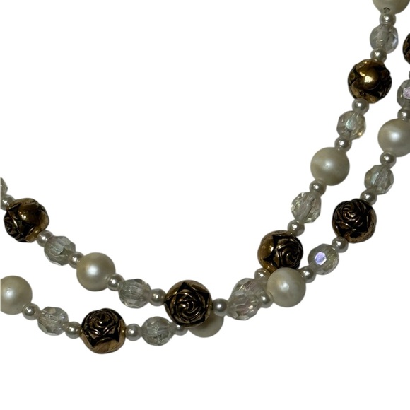Vintage Gold Rose & Pearl Bead Long Necklace - Picture 3 of 5